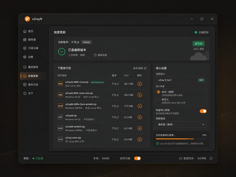 v2rayN 版本文件选择与核心更新功能界面